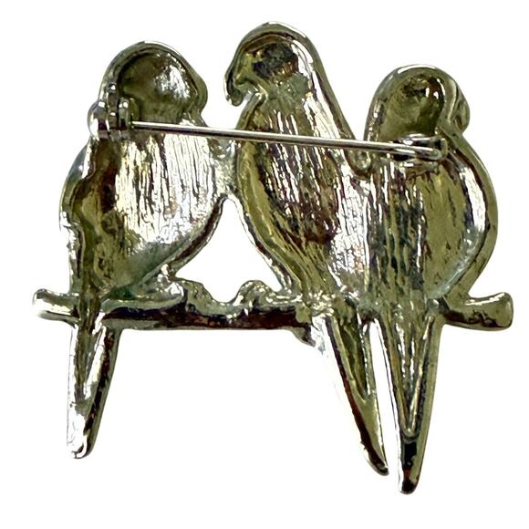 Vtg Three Perched Birds Brooch Silver-Tone Jelly Belly Moonglow 1.5" x 1.5" - Picture 2 of 5